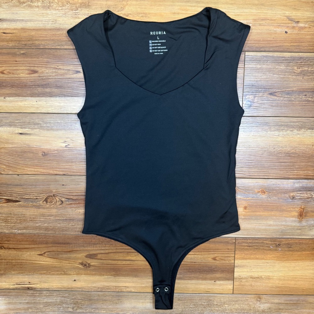 REORIA Womens Black Sleeveless V Neck Bodysuit Thong Back Snap Closure Size L